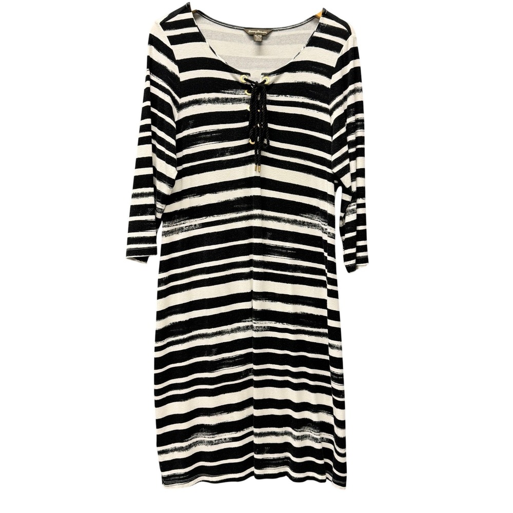 Tommy Bahama Dress Womens XL Lace Up Stripe Black White Casual Midi Stretch